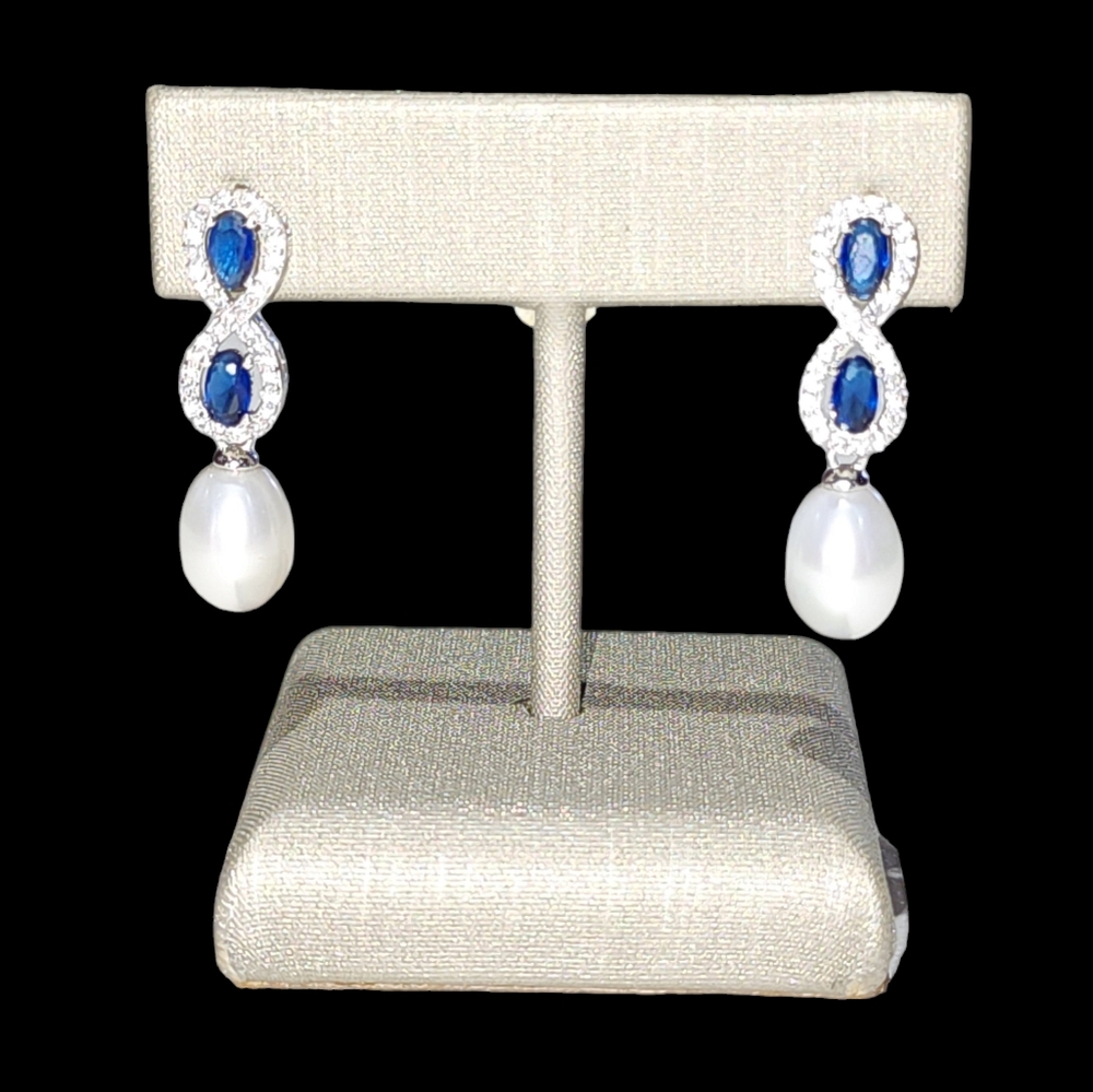 925S Blue Gemstones Stud Earrings With Cultured Freshwater Pearl and Zirconia - Picture 12 of 16